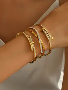 Women's Bangles Set, Stainless Steel Heart Design Jewelry, Casual Style, All-Season Wear, Lucky Charm Accessory, Trendy Stack Bangle