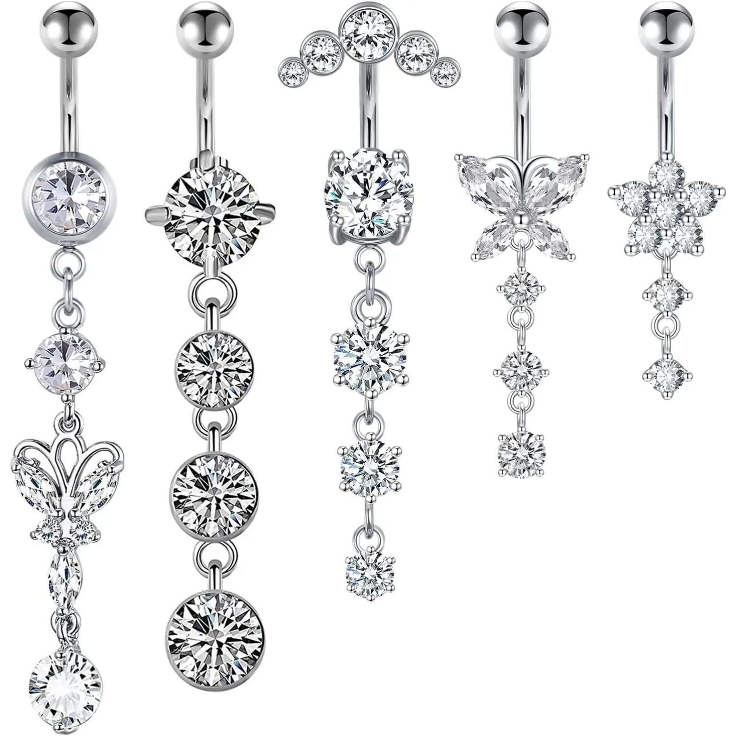 7/5Pcs 14G Dangle Belly Button Rings Surgical Steel Silver Belly Button Rings Dangling CZ Belly Rings for Women Silver Rose Gold Belly Button Piercing Jewelry,Car Interior Accessories Cubic Zirconia Hypoallergenic Unique Design Sparkly High Quality Cute s