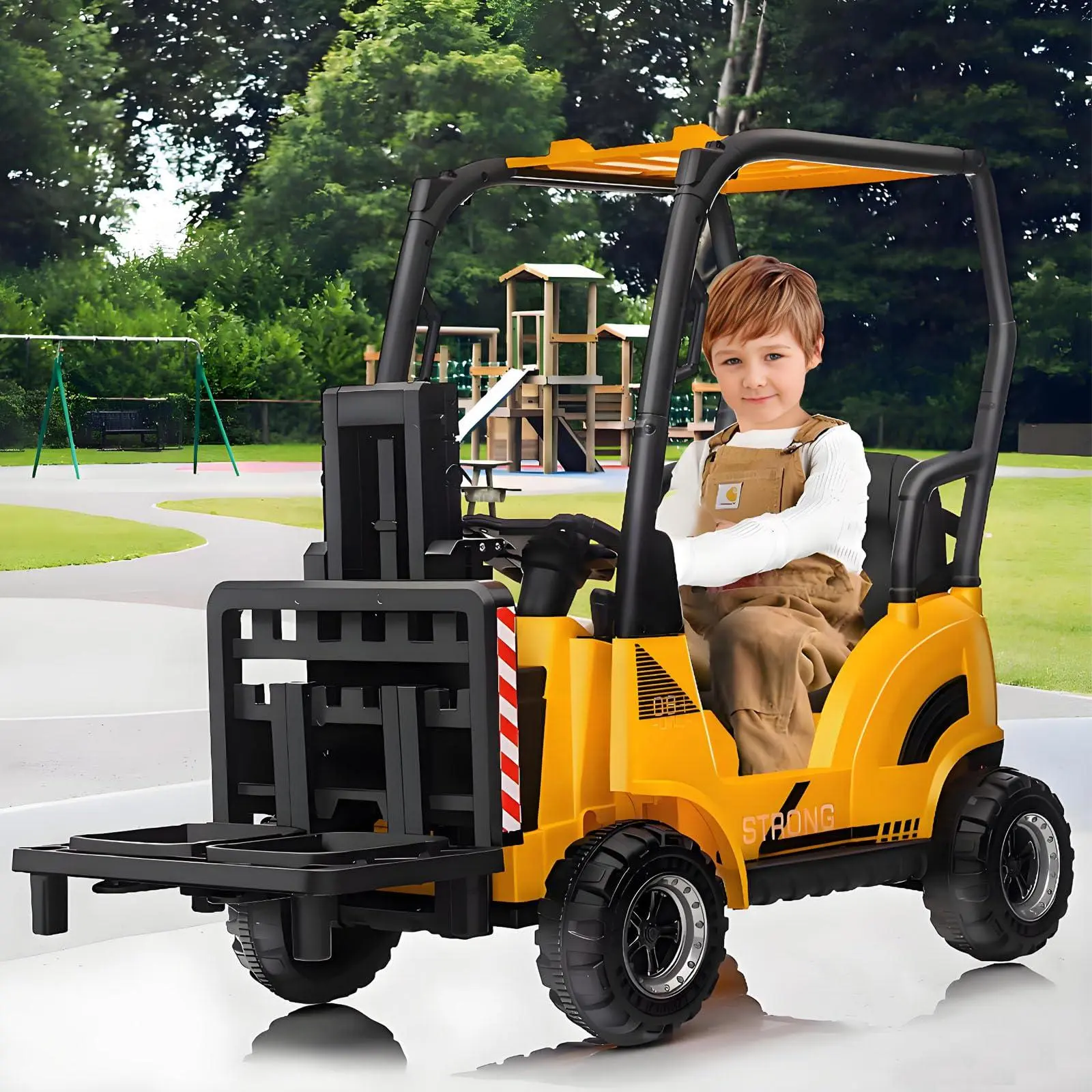 12V Ride on Forklift Car Ride on Machine - Electric Car with Remote Control, Tent, Liftable Fork, Pallet, Built-in Music for Kids, Yellow