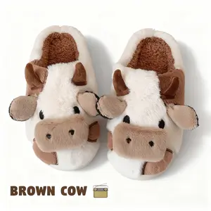 Cow Slippers for Women and Men Fluffy Cute Cozy Cartoon Cow Cotton House Slipper Womens Milky Cows Animal Preppy Funny Furry Kawaii Bedroom Pillow Cloud Slippers for Women Indoor and Outdoor Brown Walking Shoes Footwear