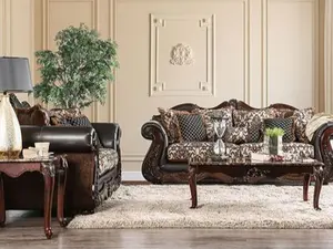 SM6405 2 pc Jamael tan/brown/silver fabric wood trim traditional sofa and love seat set