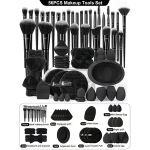 56PCS All-In-One Durable Smooth Makeup Tools Set 30 Professional Cosmetic Brushes Assorted Powder Puffs & Beauty Sponges Soft Hairband Wrist Straps Brush Cleaner With Portable Waterproof Travel Storage Bag For Daily Facial Makeup Application