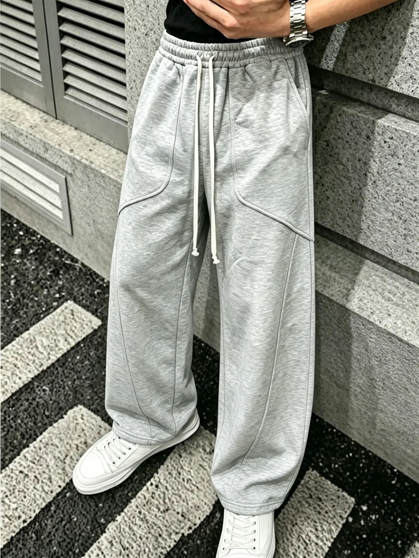 Men's Light Grey Loose Baggy Pants - Chic Sporty Drawstring Joggers with Unique Curved Side Seams, Gothic Print, Adjustable Waist, Slant Pockets for Casual Streetwear, Everyday Wear, Preppy