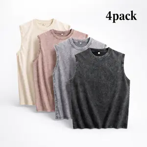 4PACK 210G Mens Workout Tank Tops Sleeveless Tee Shirts Men Muscle Shirt Gym Acid Wash T Shirts Running Beach Loose Fit Tee summerwins