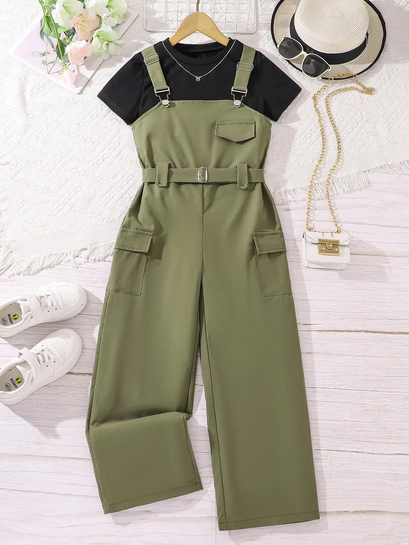 Two-Piece Set Girl's Solid Round Neck Tee & Belted Overalls Jumpsuit Set, Casual Short Sleeve T-shirt & Pocket Overalls for Summer, Kids Clothes for D