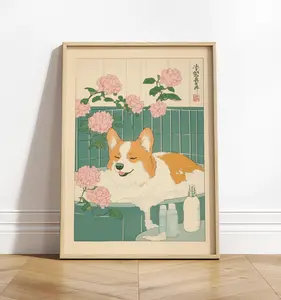 Corgi In Bathtub, Japanese Bathroom Wall Art, Japandi Poster, Dog Lover Gift, Neutral Wall Art, Spa Decor