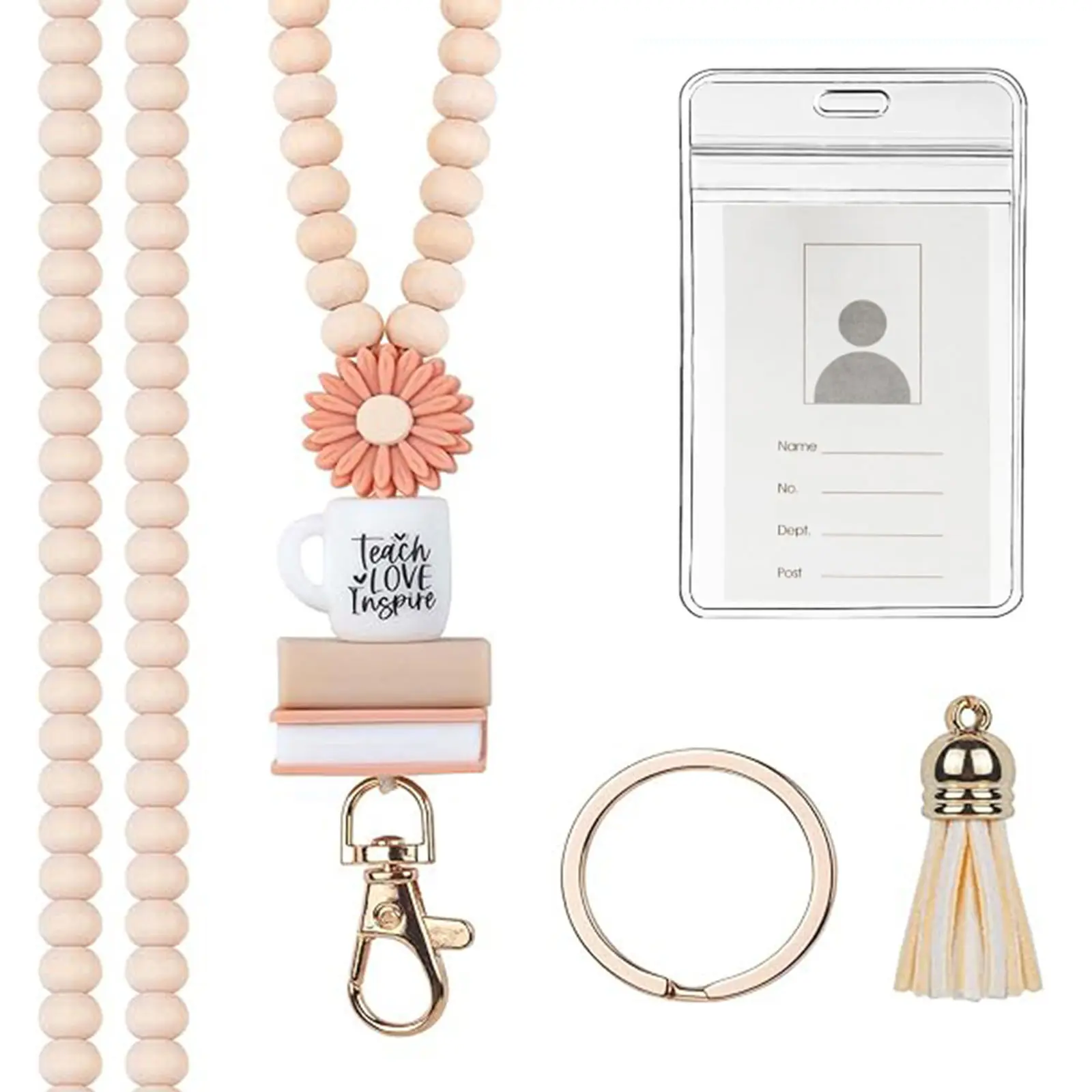 Inspirational Wood Bead Lanyard with Keychain, Key Holder, Carved Love Manager Pendant, Detachable ID Badge Strap, Perfect Teacher Gift