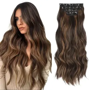 4Pcs Clip in Hair Extensions, 20 Inches Long Wavy Synthetic Hair Extensions Clip in, for Women and Girls Party Daily Use Chocolate Brown Mixed Ash Blonde Full Head Coverage full head coverage clip-in extension holiday use