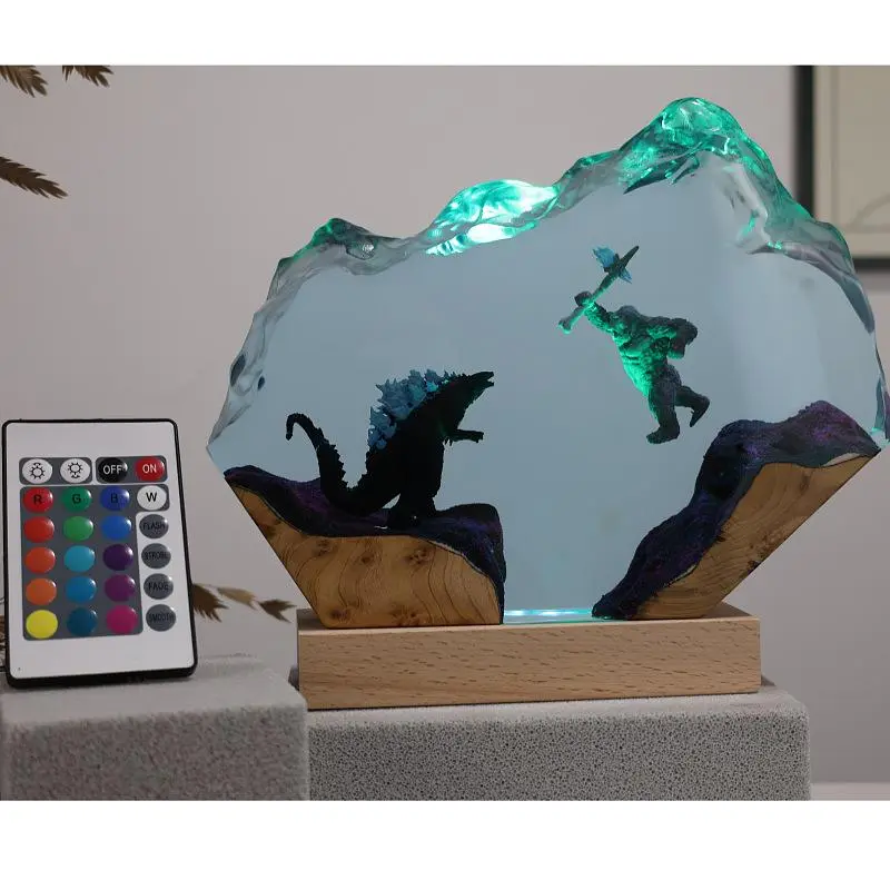 Handmade Godzilla vs Kong Resin LED Lamp - Glowing Monster Battle Diorama Night Light with Solid Wood Base, Adjustable Cool Atmosphere Desk Lamp, Epoxy Resin Art Decor (Compact Desktop Dimensions) for Kid Room, Back-to-School Gift Ideas for Movie Fans