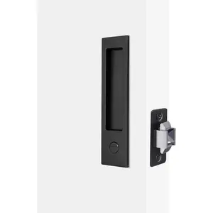 Pocket Door Handle, Modern Rectangular Keyed Entry Pull Latch (Bed/Bath), Recessed Sliding Door Hardware for 1 3/8” to 2 3/16” Thickness, Privacy Lock, Matte Black, 1 Pack