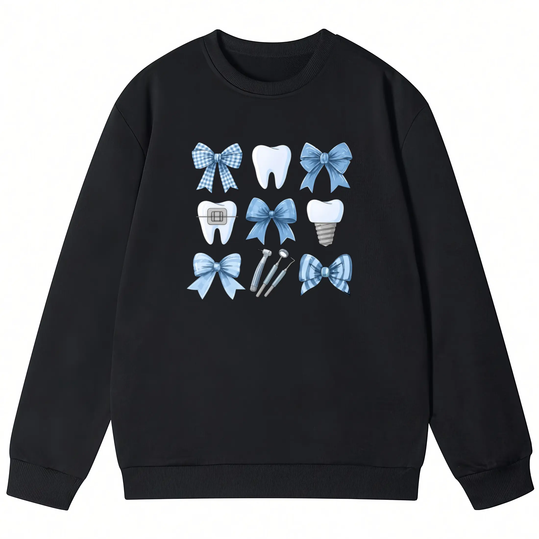 Unisex Long Sleeve Sweatshirt for Dental Assistants – Soft, Breathable Fabric with Cute Smiling Teeth & Dental Tools Print, Lightweight Crew Neck Casual Wear for Work and Everyday Menswear Classic