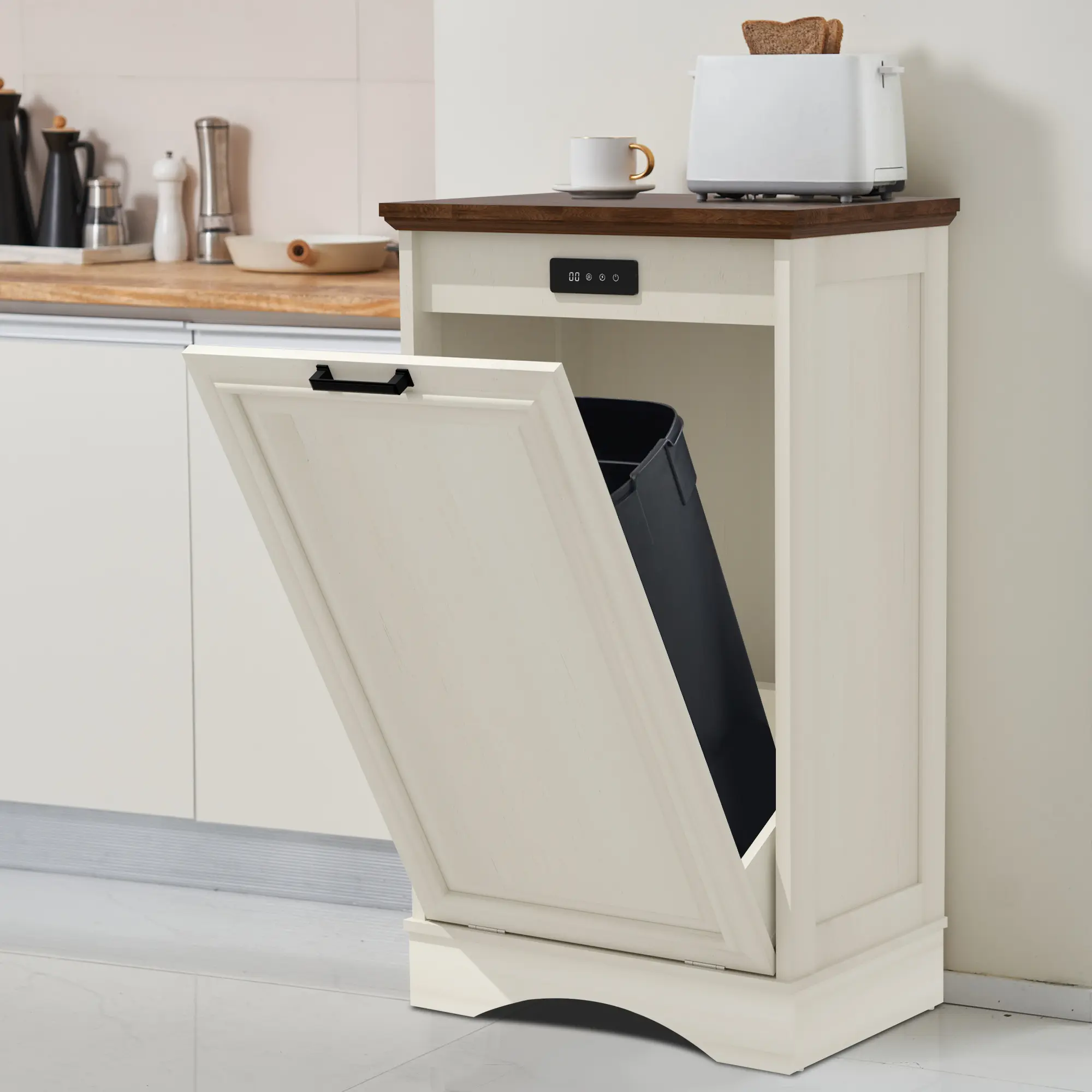 AHB 13 Gallon Tilt-Out Trash Cabinet with Deodorizing Function for Kitchen, Antique White Storage Garbage Cabinet Organizing Household Items