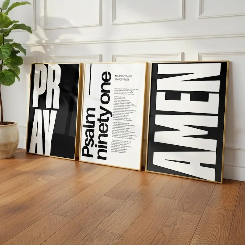 Set of 3 Modern Minimalist Bible Verse Christian Scripture Wall Art No-frame Home Decor Psalm 91 Pray Amen Trendy Typography Poster