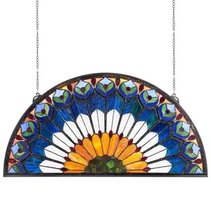 Stained Glass Tiffany Style Hanging Window Panel With Chain, 36 X 18 Inches, Decorative Home Window Accent, Leaded Glass Mosaic Art, Light Filtering Sunlight Enhancing Panel, Vintage Loft Decor, Handcrafted Gift Idea, Easy Mount