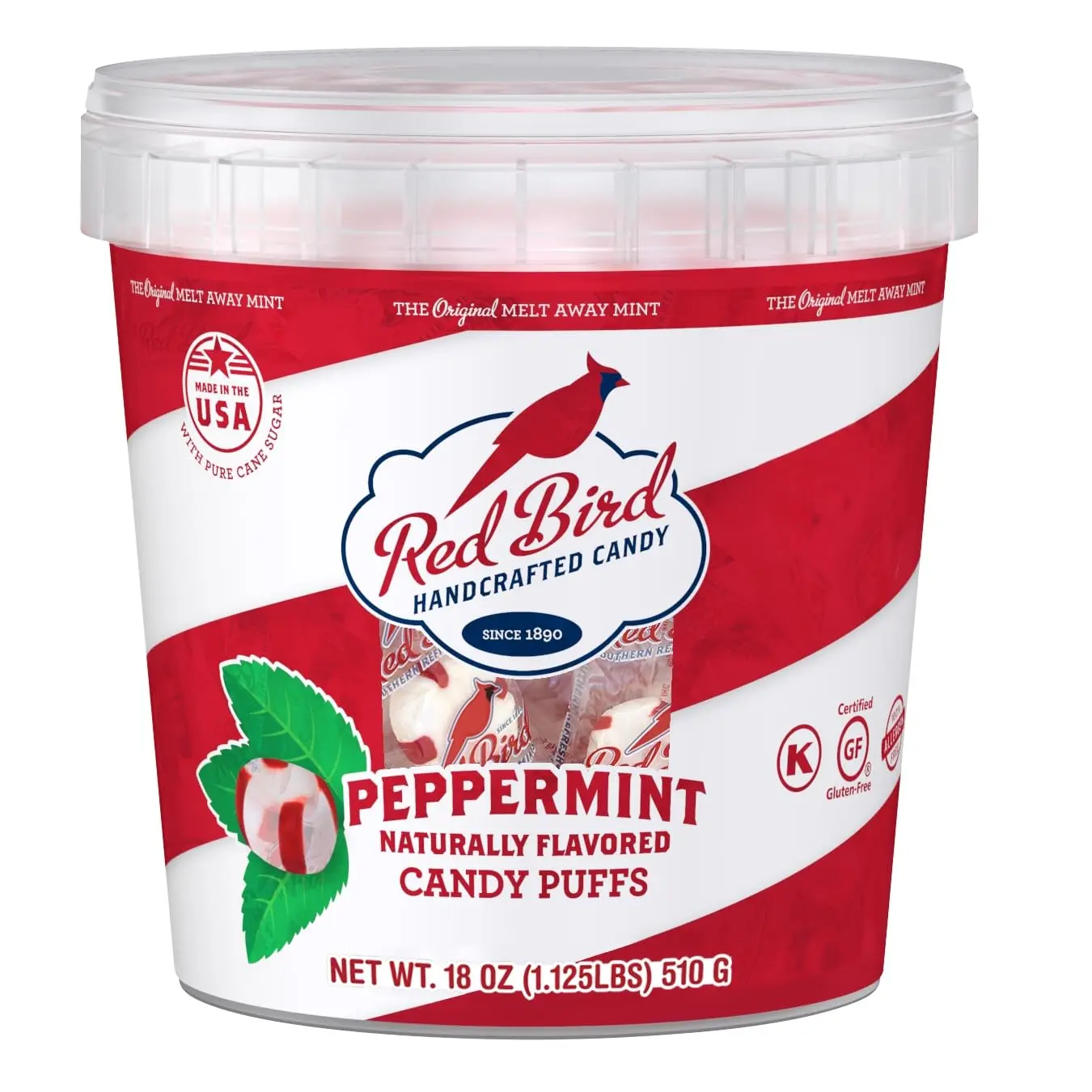 Red Bird Soft Chewy Peppermint Puffs Gluten-Free Nostalgic Candies Pack, Individually Wrapped 18 oz Snacks Candy Sweets, Christmas Stocking Stuffer Tub