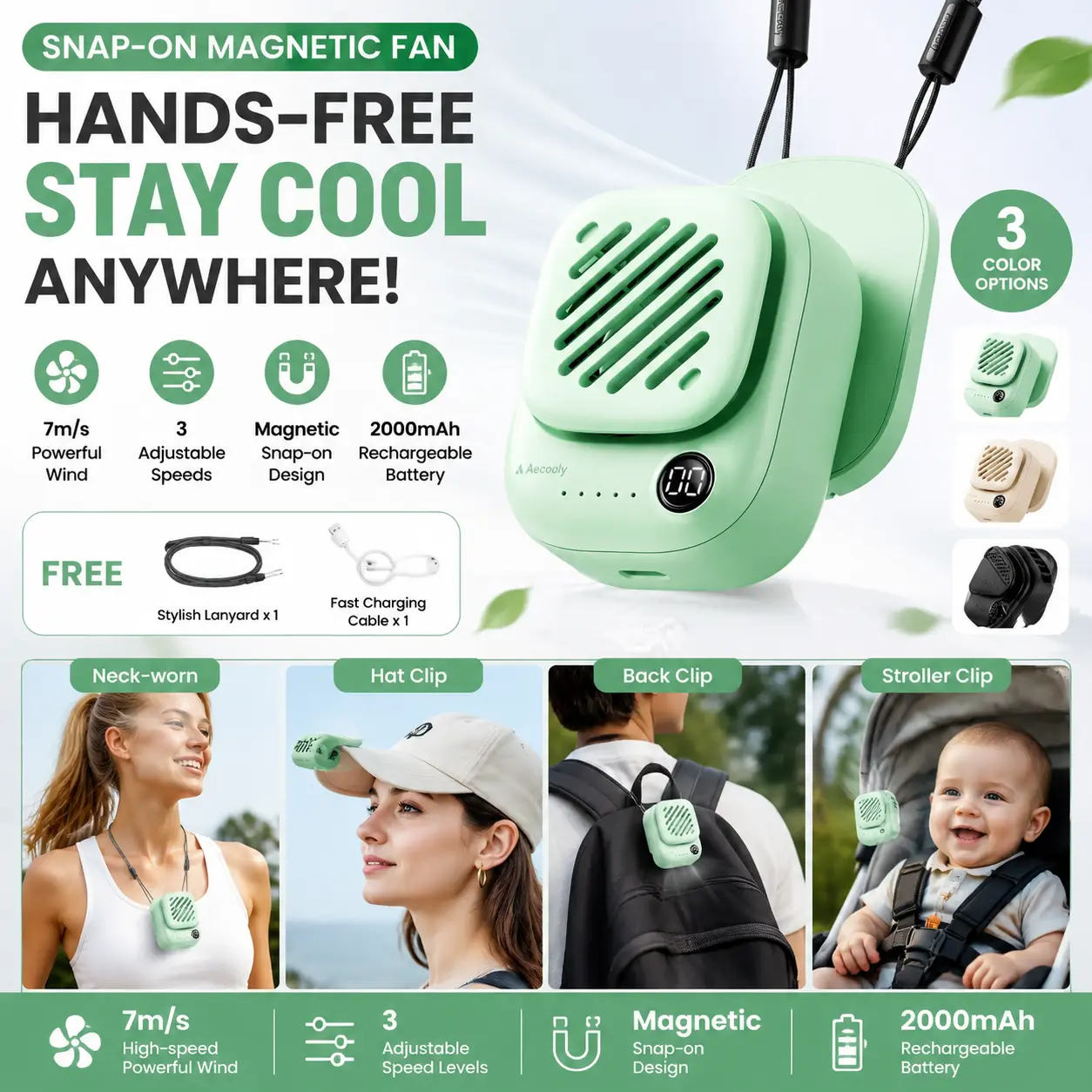 EFFUN 4-in-1 Magnetic Neck Fan - Small Wireless Personal Fan Wearable, Clip-On for Neck/Hat/Bag, Adjustable, Hands-Free Rechargeable, 10-Hour Runtime, 2.9×2.3×1.4 in, 3.35 Oz, Stay Cool for Office Workers, Travel Gifts