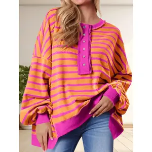 Oversized Striped Henley Sweatshirts Color Block Casual Waffle Knit Pullover Tops