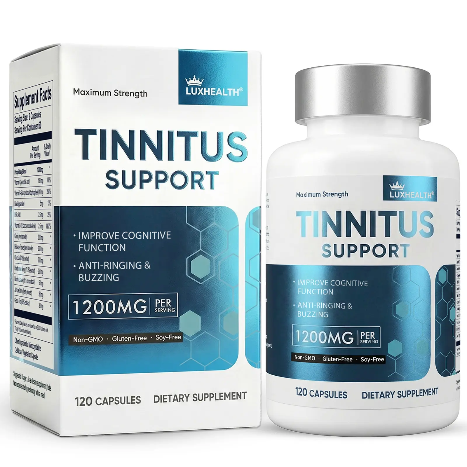 Tinnitus Relief for Ringing Ears 1200mg, 120 Capsules Supplement with Vitamin C & B Complex, Supports Ear Health, Reduces Ringing in Ears, Promotes Hearing Wellness & Comfort Healthy Natural