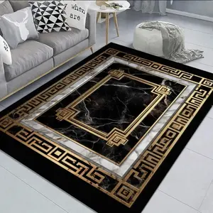 Luxury Black Marble & Gold Greek Key Multi-Layer Flannel Area Rug - Oversized Soft Plush Mat for Living Room & Bedroom, Non-Slip Modern Home Decor, Home Decorative Rug #LuxuryMarbleRug #GreekKeyCarpet #ModernHomeDecor #FlannelMat #NonSlipRug