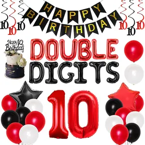 10Th Birthday Decorations For Boys Red And Black Double Digits Birthday Party Supplies 10 With Double Digits Foil Balloons Hanging Swirls Happy Birthday Cake Topper Banner For 10 Years Old