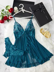 Ladies' Sexy Ruffle Trim Cami Nightdress & Bow Decor Panty Set, Comfortable Playful Floral Lace Sheer Sleepwear Set, Glamour Lingerie Set