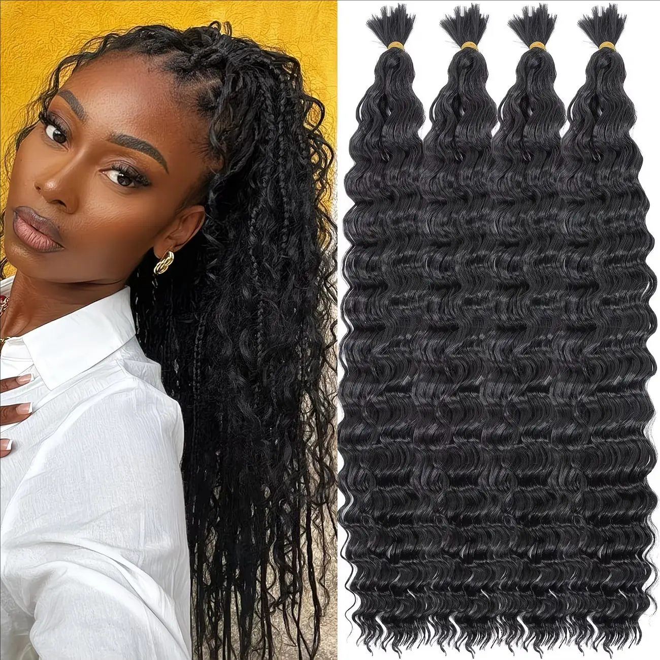 24-Inch 4-Pack Deep Wave Synthetic Braiding Dreadlock Hairpiece - No Weft Crochet Hair for Bohemian Braids, Temporary Extensions, Braiding Dreadlock Hair