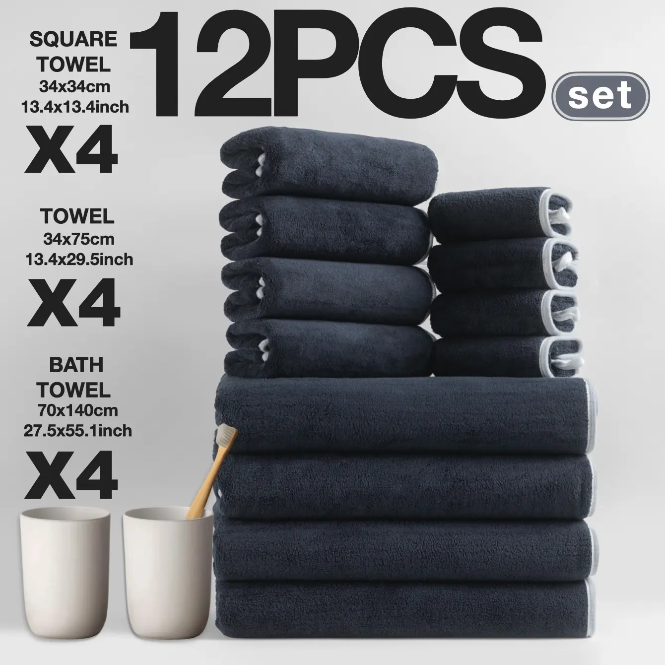 12-Piece Bath Set, Thickened Fall/winter Collection, Towel Sets for Bathroom, Includes 4 Bath Towels (140x70 Cm), 4 Hand Towels (74x34 Cm), 4 Face Cloths (34x34 Cm), Absorbent Thickened Quick Dry Towels