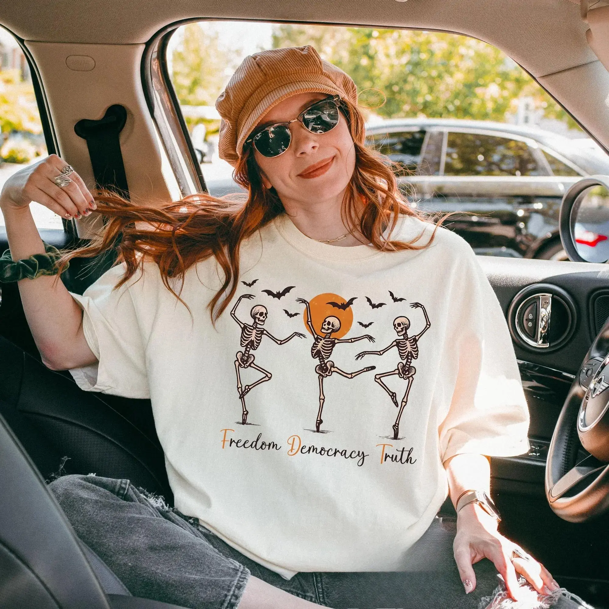 Women's 100% Cotton Casual Printed Streetwear T-Shirt - Subtle FDT, Halloween Resist, Freedom Democracy Truth Fall, Anti-Trump, Funny Skeleton, Anti-MAGA, Fabric
