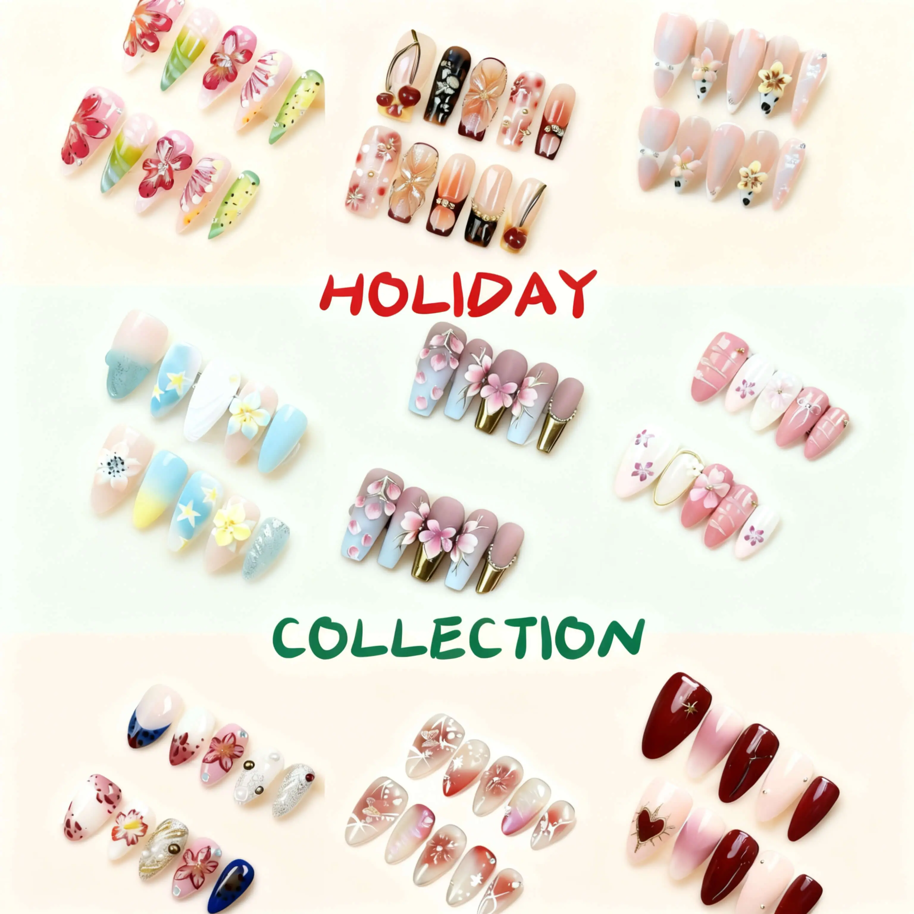 Holiday nails collection| winter nails| short medium long nails| acrylic press-on| handmade| fake nails| high quality press-on nails 10 pcs| reusable nails| nail art| nail charm|cute nails| handmade pressons|