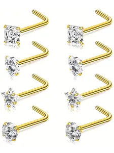 4 Pairs 20g Women's Nose Rings, Stainless Steel L-Shaped Piercing Jewelry, Sporty Plain Rhinestones Design, All Seasons Fashion Accessory