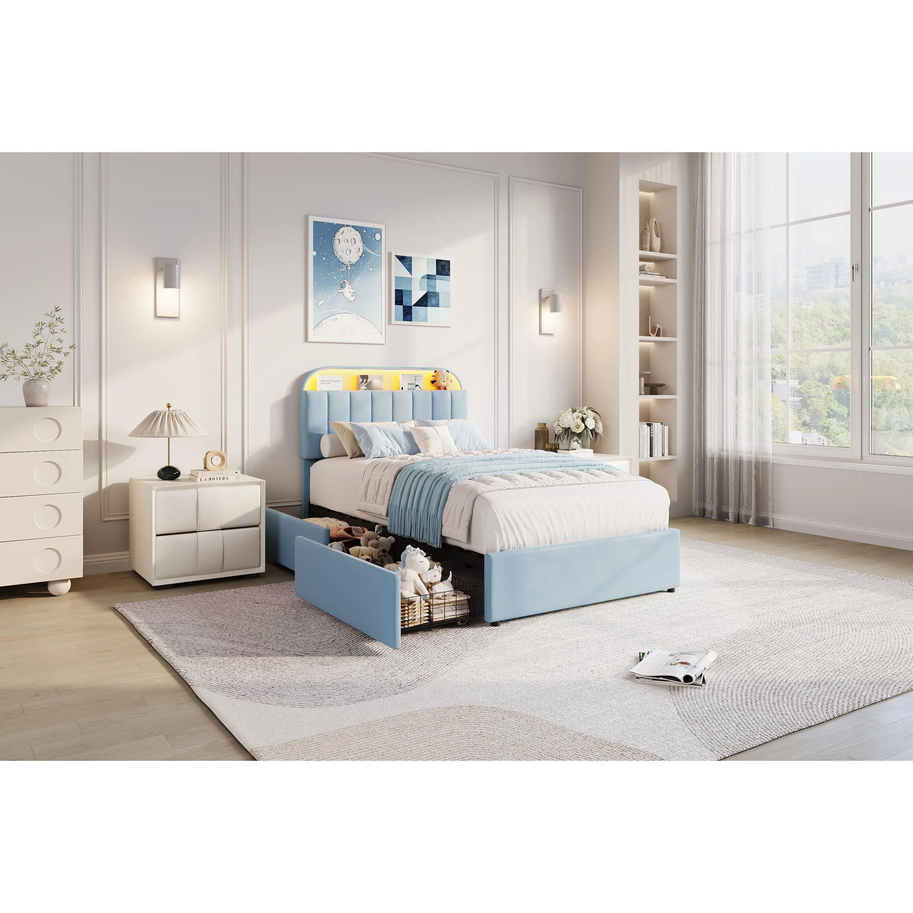 Twin / Twin XL / Full / Queen Size Bed Frame with 2 Flexible Drawers – Velvet Upholstered Platform Bed with Bookcase Headboard & LED Lights – Kids Bed for Boys – Easy Assembly