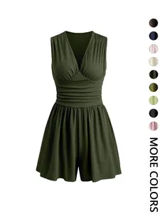 Women's Plain Ribbed Ruched Deep V Neck Tank Romper, Elegant Sleeveless Romper For Summer, Fashion Casual Ladies Clothes For Daily Wear