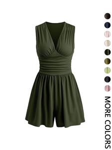 women's plain ruched deep v neck tank romper, elegant fitted sleeveless romper for summer, fashion casual ladies clothes for daily wear, womenswear