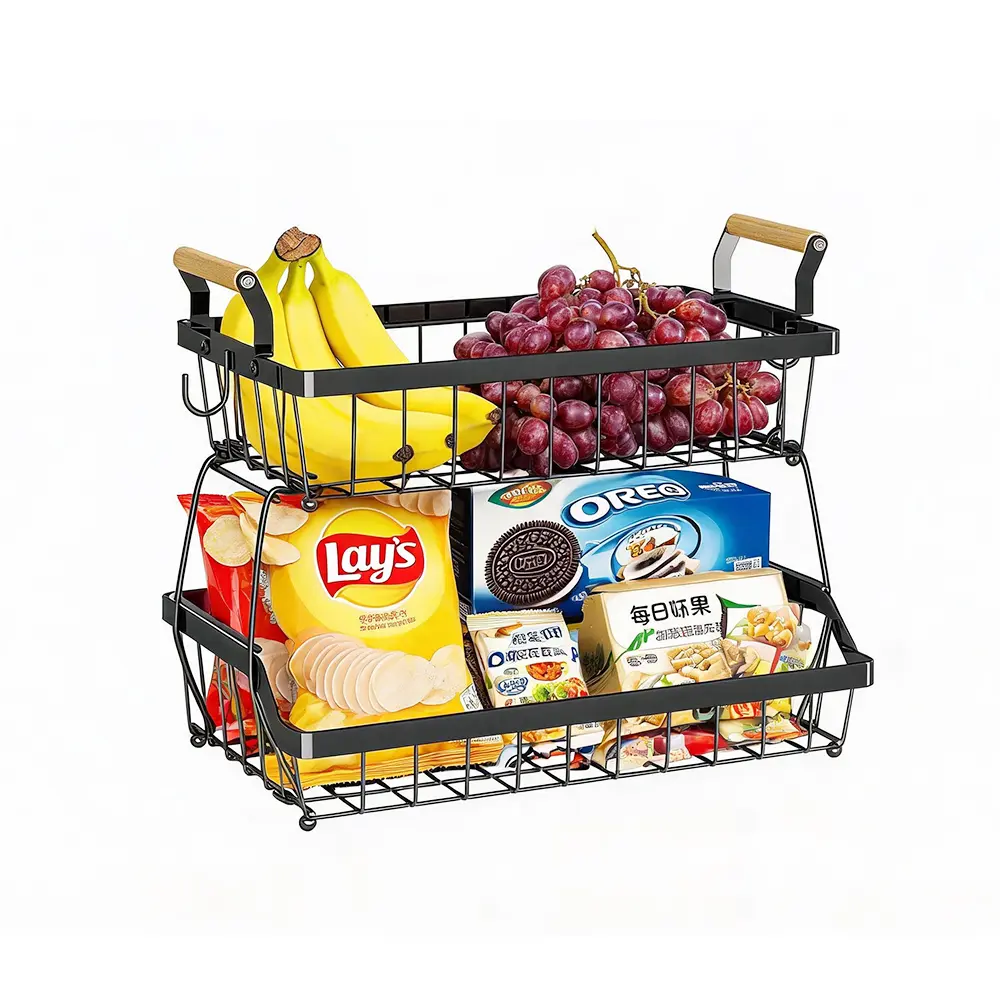 Metal Wire Stackable 2-3 Tier Detachable Storage Basket - Kitchen Organization, Small Kitchen Organization Rack for Countertop, Pantry, Large Capacity for Fruits, Snacks, Cosmetics