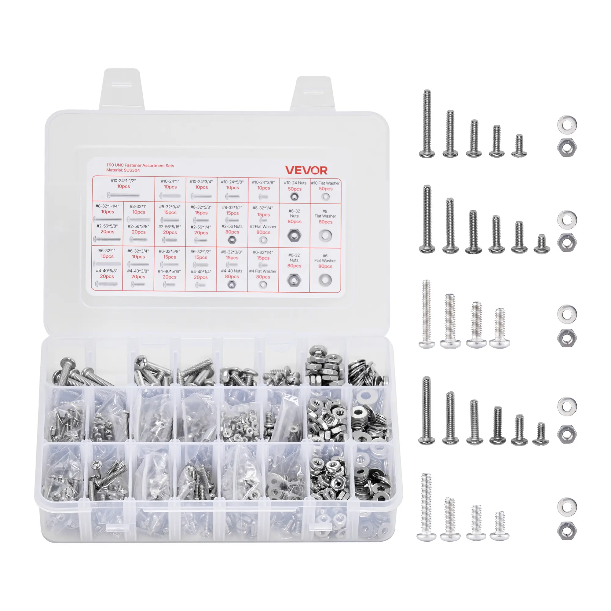 VEVOR 1110-Piece A2-50 Grade Stainless Steel Imperial Bolts & Washers Assortment Kit - Assorted Sizes (10-24,8-32,2-56,6-32,4-40) Machine Screws, Flat & Spring Washers, Adjustable Transparent Storage Box for Furniture Fixing | Silver Father's Day Gift