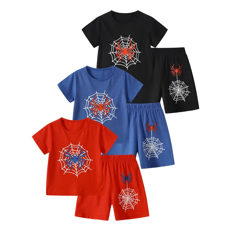 #SummerVibes 6-piece Boys Summer Short Sleeve Set Spider Pattern 8 Years Old Boys Round Neck Short Sleeve Shorts Children's Fashion Outdoor Sports Quick-drying Children's Clothing