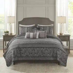 Traditional Damask Design All Season, Lightweight Coverlet Bedspread Bedding Set, Matching Shams, Pillows, (120"x118"), Bellagio, Jacquard Grey, 5 Piece