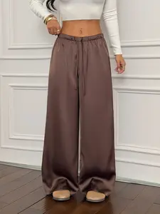 Spring Summer Women's Satin Smooth Solid Low Waist Wide Leg Pants, Adjustable Elastic Waist Drawstring Design, Loose Fit Casual Daily Commute Wear, Womenswear