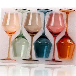 HandBlown Colored Wine Glasses Set 6-16oz Multicolor with Stem - Unique Holiday Gifts for Women Christmas Thanksgiving - Drinkware