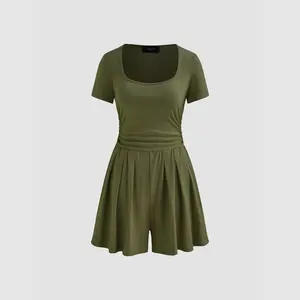 Cider Women's Square Neck Ruched Pleated Romper | Stretchy Cotton-Blend & Thick Ribbed Comfort for Casual to Business Wear -Cute & Versatile