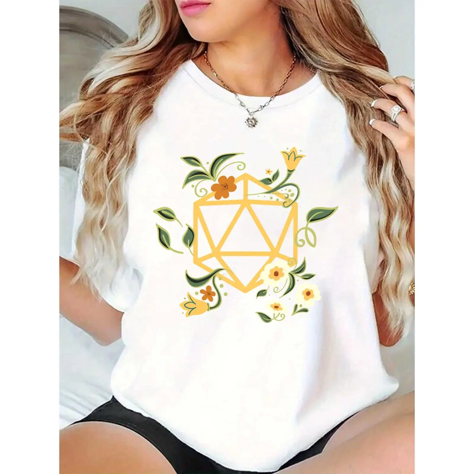 Women's 100% Cotton Short Sleeve Crew Neck Floral D20 Dice Graphic Shirt - Lightweight, Breathable, Loose-Fitting Casual Top for Tabletop Gamers