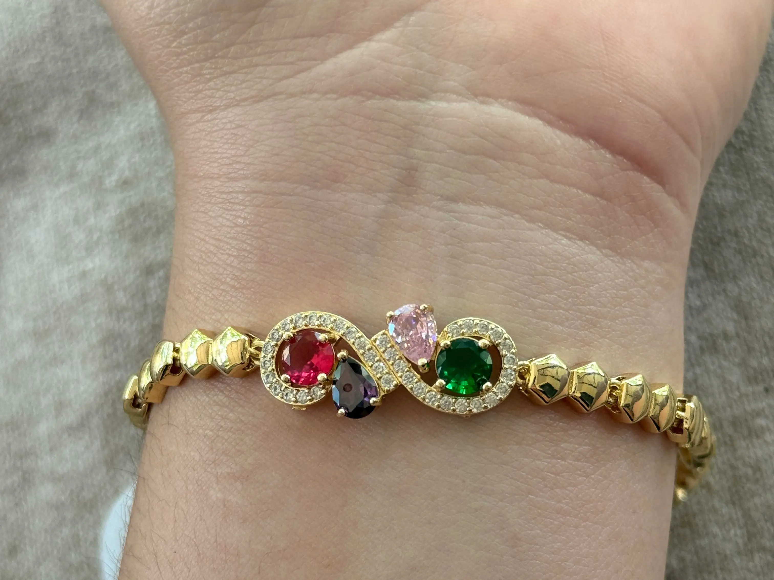 Gold Plated Infinity Multicolor Gem Bangle, Stainless Steel Costume Jewelry Bracelet with Geometric Beads for Everyday Modern Fashion Accessory, Women, All Seasons