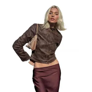 Women's Minimalist Slim Fit Essential PU Bomber Jacket Coat - Solid Mock Neck, Button-Accented, Zipper-Up Long-Sleeve Top for Fall & Winter Daily Outdoor Moto Biker Use