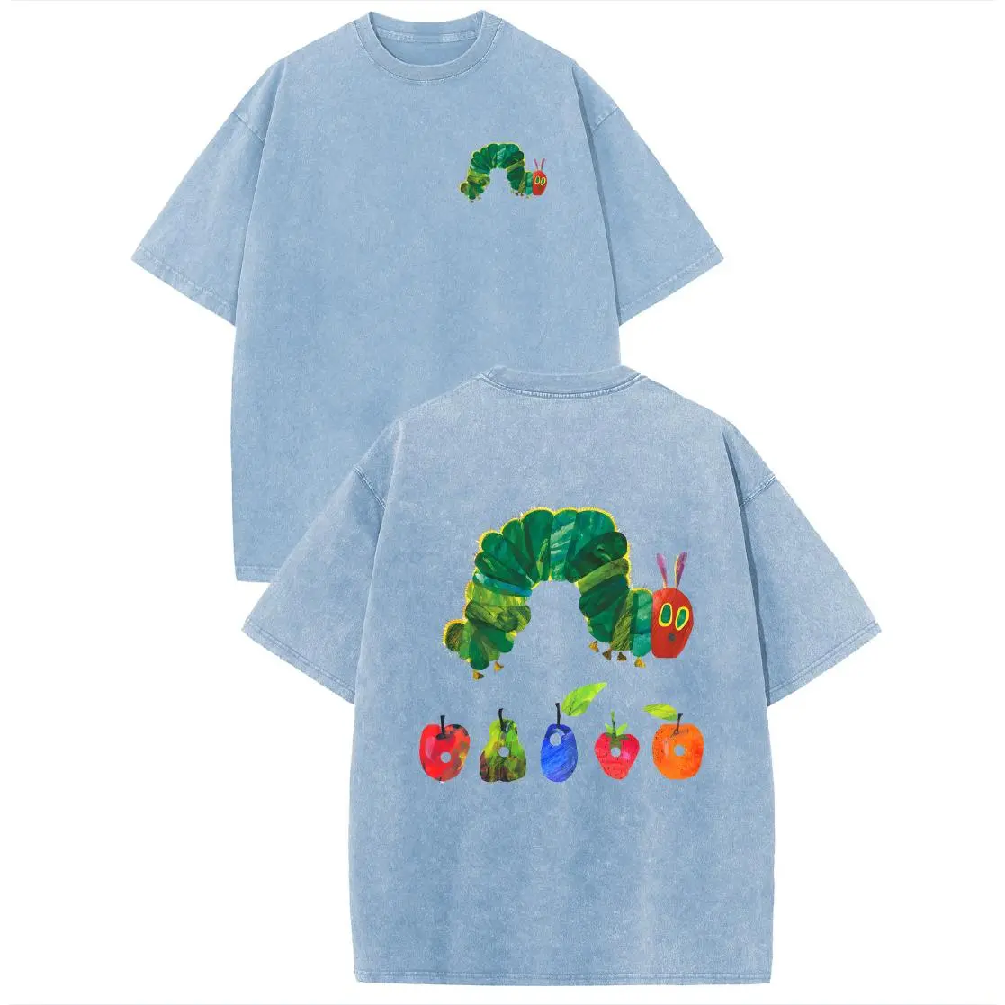 Holafish 100% Cotton Crewneck Acid Wash T-Shirt Streetwear, Retro Acid Wash "The Very Hungry Caterpillar" Dual Side Graphic Printed Unisex Fashion Tees summervibes Casual Top