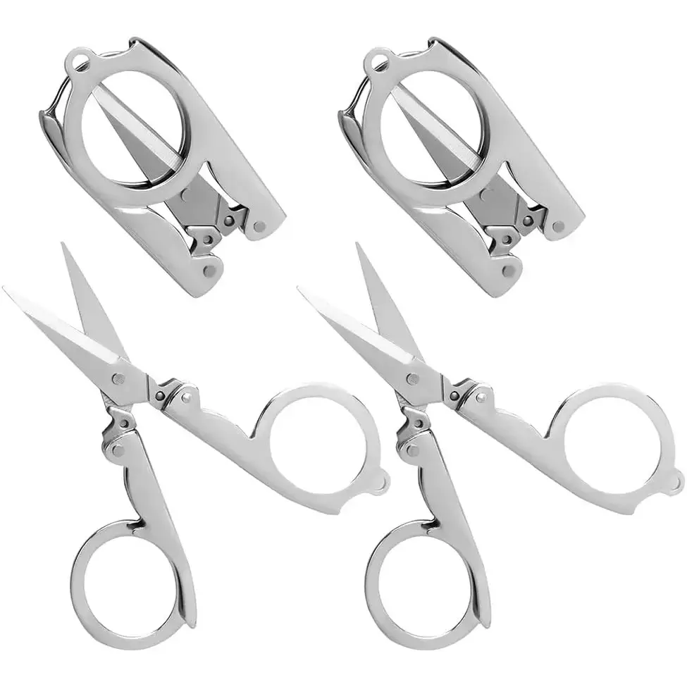 4-Pcs Stainless Steel Foldable Pocket-Sized Scissors, Office Cutting Supplies for Hair, Cloth & Cardboard Cutting, Compact Portable Office Stationery for Travel Users (10*6cm)