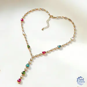 Colorful Water Drop Tassel Necklace for Women, Boho Gemstone Collarbone Chain Jewelry