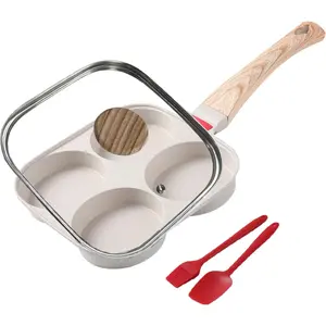 Egg Pan 4 Cup Nonstick Frying Omelette Pan with Lid for Breakfast Skillet for Eggs Pancake with 1 Spatula 1 Brush White