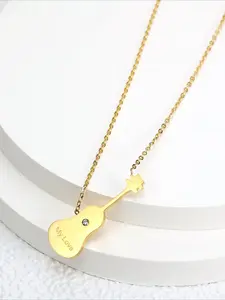 Simple Guitar with Zircon Pendant Necklace, High-end Stainless Steel Necklace, Suitable for Beach Vacations and Daily Wear