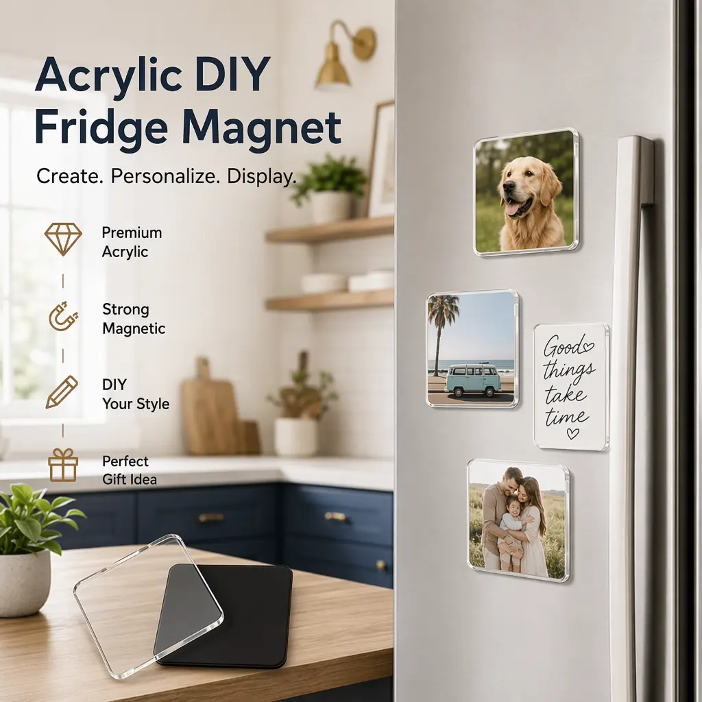 DIY Clear Acrylic Fridge Magnet Kit with Adhesive Backing, Acrylic Refrigerator Magnets for Photos, Custom Picture Magnet Making Craft Set for Kitchen Office Classroom Decoration