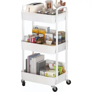 3-Tier Plastic Rolling Utility Cart with Handle, Storage Trolley for Office, Living Room, Kitchen, Movable Storage Organizer with Wheels, White